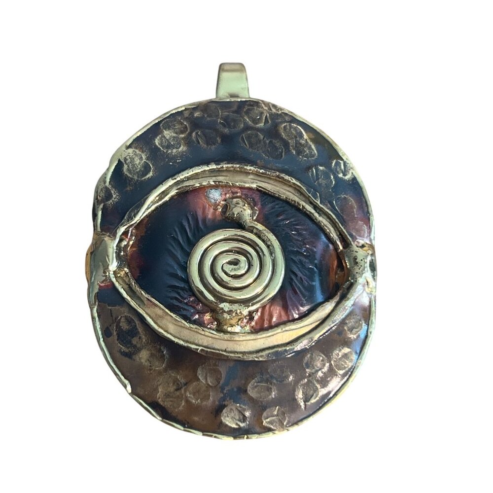 Vintage Modernist Mixed Metals Eye Pendant Gold Tone Textured Boho 2 5/8" NWOT